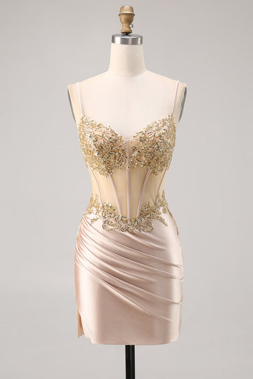 Champagne Satin Corset Cocktail Dress with Sequins